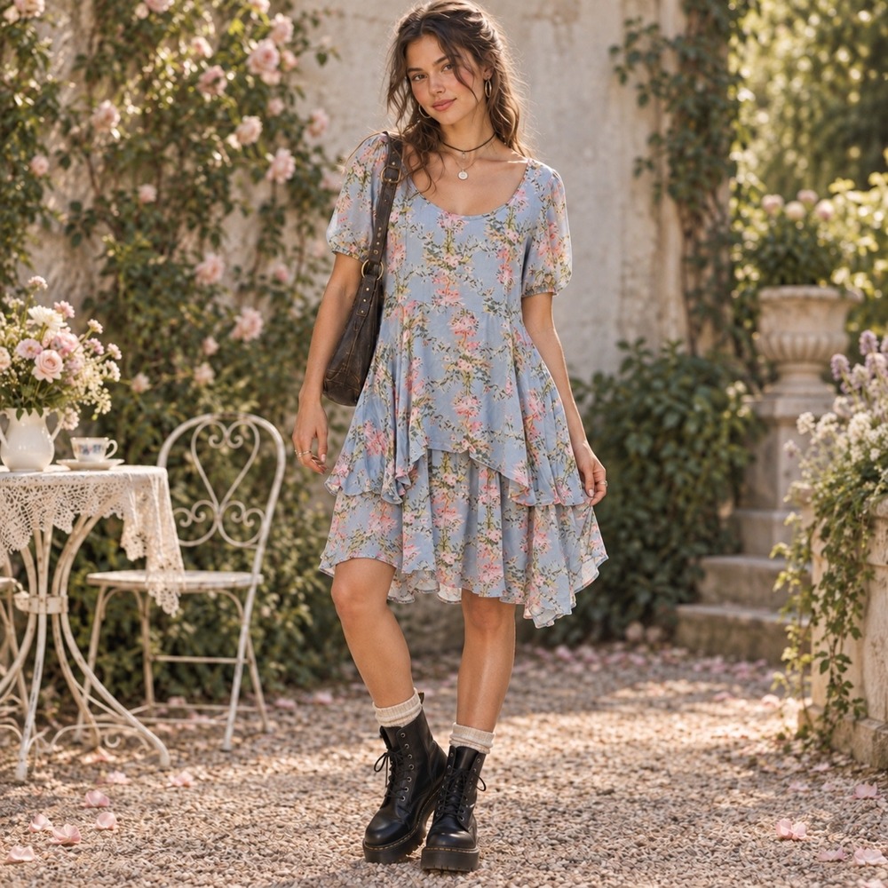 Vtg 90s New Options Kate Geddes Midi Dress S Rayon Tiered Floral Grunge
